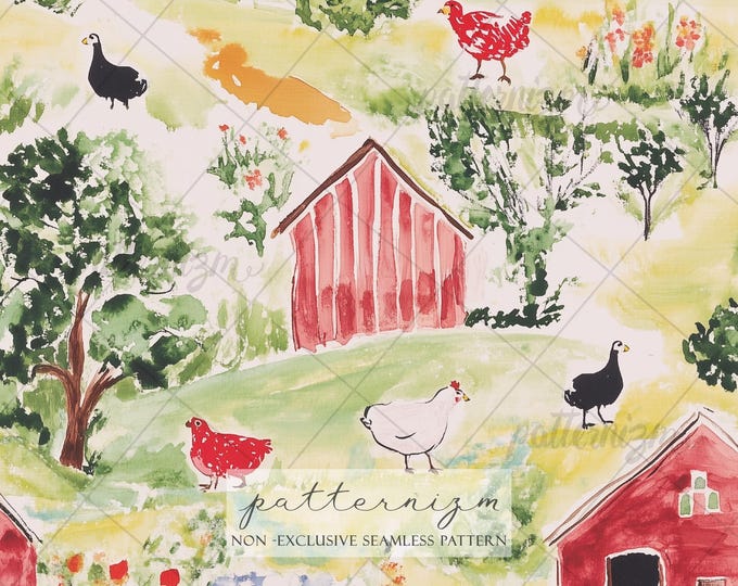 Seamless Farm Landscape Pattern Digital Download – Red Barn Countryside Scene with Chickens, Rustic Farm Fabric Print