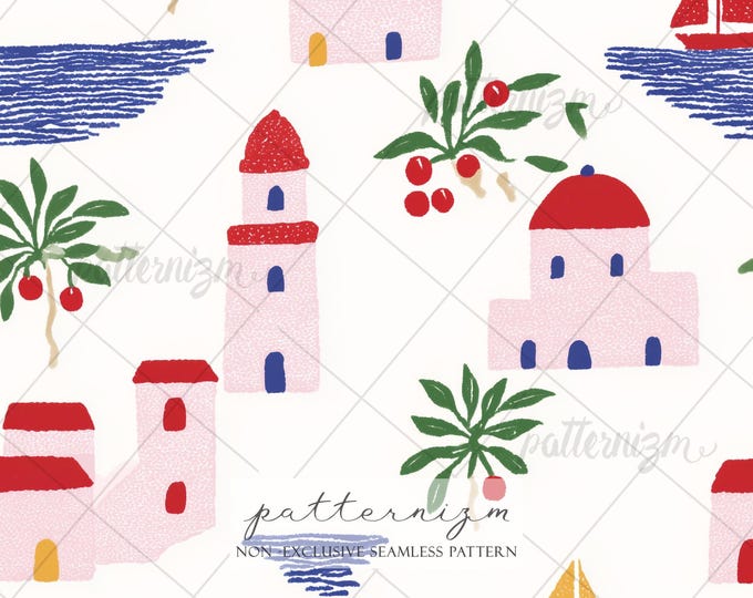 Mediterranean Village Seamless Pattern – Coastal Houses & Boats, Colorful Travel Repeat