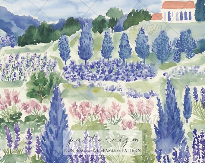Seamless Lavender Field Pattern Digital Download – Provence Landscape Design, Floral Printable, Cottagecore Fabric & Decor