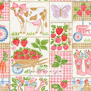 May include: A seamless pattern featuring watercolor illustrations of a cow with a pink bow, a butterfly, strawberries, a wheelbarrow filled with strawberries, a red tractor, pink rain boots with flowers, carrots, and chickens on a grid background.