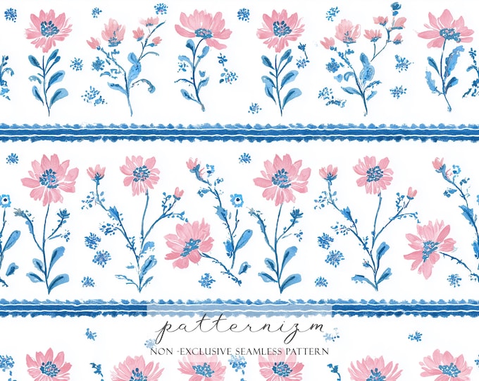 Pastel Blue and Pink Spring Floral Seamless Background, Stripe Floral Pattern, Ditsy Floral Pattern, Repeat, Wallpaper, Scrapbook, Journal