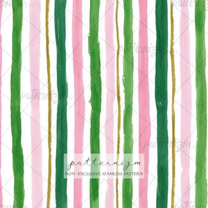 May include: A seamless pattern featuring vertical hand-painted stripes in shades of pink, dark green, and gold on a white background. The text patternizm NON-EXCLUSIVE SEAMLESS PATTERN is centered over the stripes in a black script font.
