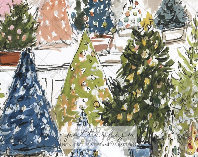 Vintage Christmas Tree Market Seamless Pattern Digital Download – Watercolor Holiday Tree Farm Print for Fabric & Wrapping Paper