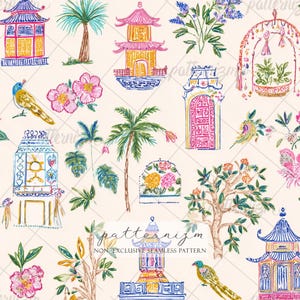 May include: A seamless pattern featuring colorful illustrations of pagodas, palm trees, birds, and flowers. The design includes pink, yellow, blue, and green elements on a cream background. The text "patternizm" is visible.
