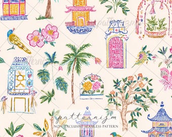 Seamless Chinoiserie Garden Pattern Digital Download – Colorful Asian Pavilion & Floral Design, Exotic Birds, Vintage Oriental Fabric