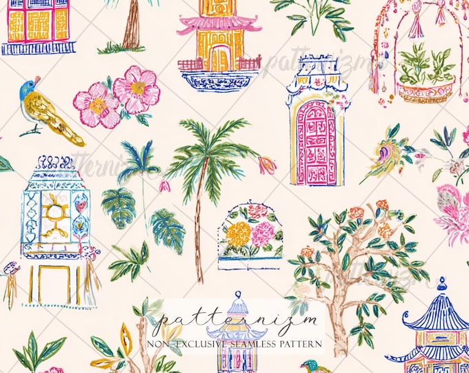Seamless Chinoiserie Garden Pattern Digital Download – Colorful Asian Pavilion & Floral Design, Exotic Birds, Vintage Oriental Fabric