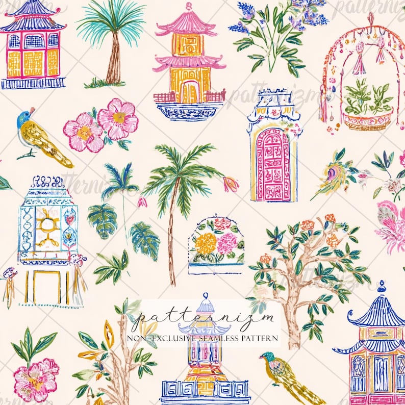 Seamless Chinoiserie Garden Pattern Digital Download – Colorful Asian Pavilion & Floral Design, Exotic Birds, Vintage Oriental Fabric bild 1