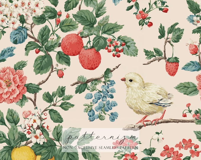 Botanical Chick Garden Seamless Pattern – Flowers, Fruits and Cute Baby Bird, Vintage Watercolor Digital Paper for Crafts & Fabric