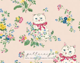 Estampa floral com gatinhos fofos – Gatos em estilo campestre vintage com laços rosa, design delicado e sem costura para berçário, tecido e embalagens de presente.