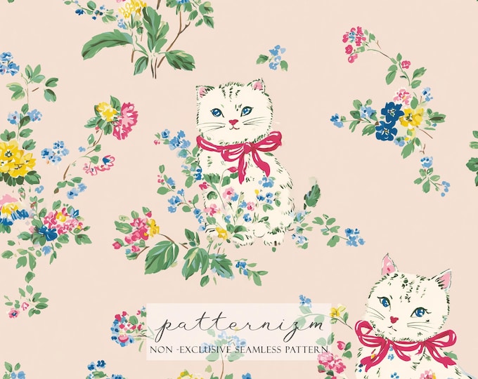 Cute Kitten Floral Pattern – Vintage Cottage Cats with Pink Bows, Sweet Seamless Design for Nursery, Fabric & Gift Wrap