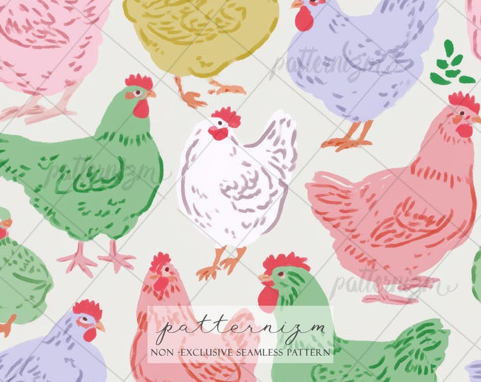 Farmhouse Chicken Seamless Pattern - Watercolor Hen and Rooster Design, Country Life Fabric, Rustic Poultry Print, Nursery Farm Animals Art