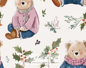 May include: Seamless pattern featuring watercolor illustrations of teddy bears in sweaters and scarves, surrounded by holly and berries. The bears are in shades of brown, pink, and blue, with a soft, whimsical style. The text "patternizm" and "NON-EXCLUSIVE SEAMLESS PATTERN" is also visible.