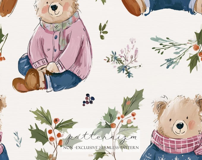 Winter Teddy Bear Digital Paper – Seamless Christmas Bears in Sweaters with Holly Leaves for Holiday Crafts, Cards & Wrapping