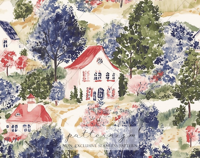 Village Seamless Pattern, Cottage Landscape Design, Storybook Town Print, Countryside Pattern, Vintage Scenic Fabric