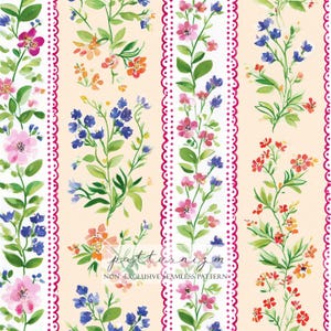 May include: Watercolor floral pattern featuring vertical stripes of flowers in pink, blue, and orange, with green leaves. The design includes a scalloped border in a deep pink color. The text "patternizm" and "NON EXCLUSIVE SEAMLESS PATTERN" is visible.