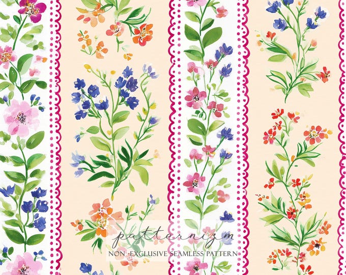 Seamless Floral Stripe Border Pattern Digital Download – Watercolor Wildflower Scallop Repeat, Cottagecore Fabric for Kids & Crafts