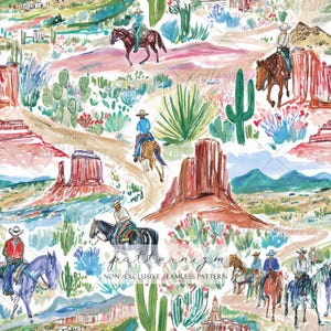 Estampado vaquero del oeste en acuarela: paisaje desértico con caballos, cactus y rocas rojas. Impresión sin costuras del Lejano Oeste para tela. Descarga digital.