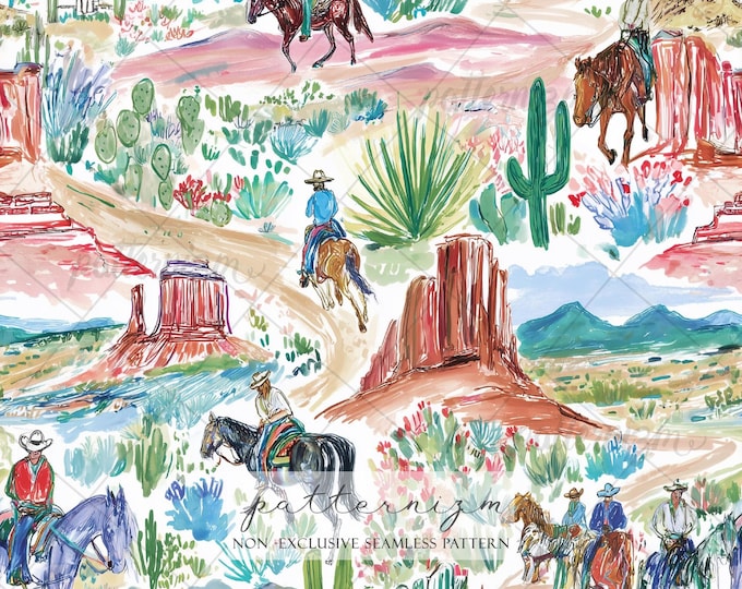 Watercolor Cowboy Western Pattern – Desert Landscape with Horses, Cactus & Red Rocks, Seamless Wild West Print for Fabric - Digital Download