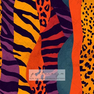 May include: Abstract seamless pattern featuring a collage of animal print designs. The design includes zebra stripes, leopard spots, and tiger stripes in vibrant colors like orange, yellow, purple, and navy blue. The text "patternizm" is at the bottom.