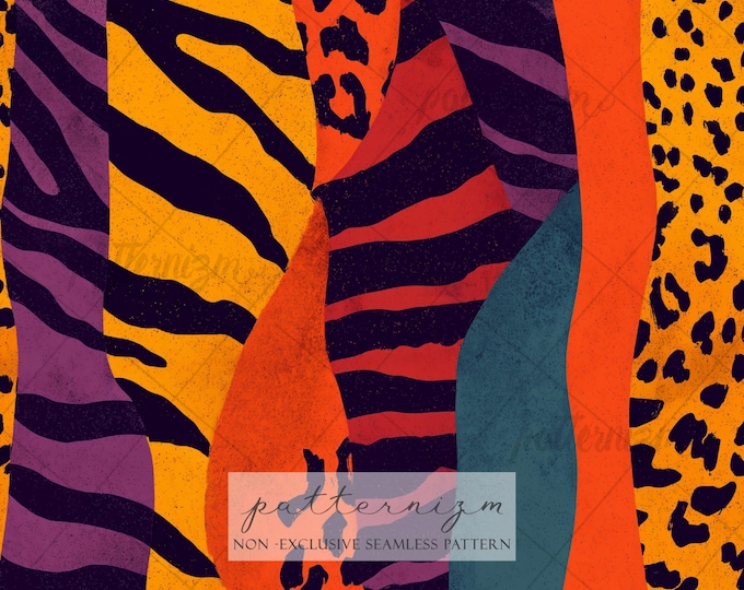 Seamless Abstract Animal Pattern Digital Download – Bold Zebra Leopard Mix Design, Modern Wild Print Fabric & Wallpaper