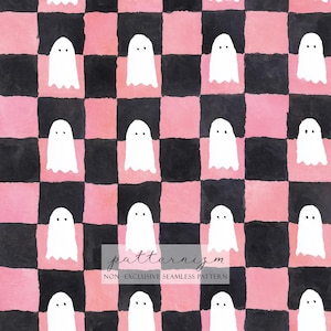 Puede incluir: Patrón sin costuras con ilustraciones de fantasmas blancos sobre un fondo a cuadros rosa y negro. Los fantasmas tienen ojos de puntos simples. El texto "patternizm" y "NON-EXCLUSIVE SEAMLESS PATTERN" está en la parte inferior.