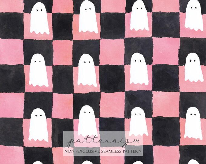 Cute Ghost Checkerboard Seamless Pattern – Pink Halloween Repeat Design, Spooky Cute Fabric, Playful Fall Wallpaper