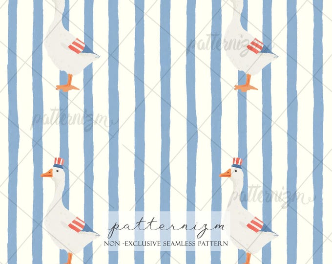 Seamless Patriotic Goose Pattern Digital Download – 4th of July Americana Duck Design, Red White Blue Stripes, Independence Day Fabric Print