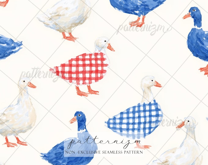 Seamless Patriotic Duck Pattern Digital Download – Americana Farm Animal Design, Red Blue Cottage Fabric