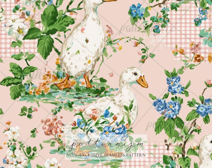 Seamless Floral Duck Pattern Digital Download – Cottagecore Garden Ducks with Gingham and Flowers, Spring Farm Fabric Print