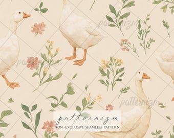 Seamless Farm Goose Pattern Digital Download – Soft Hand Painted Geese and Wildflowers