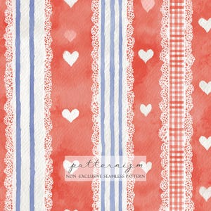 May include: Seamless pattern with a watercolor effect. The design features vertical stripes in blue and white, alternating with red gingham and white lace trim. White hearts are scattered across the red background. The text "patternizm" is visible.