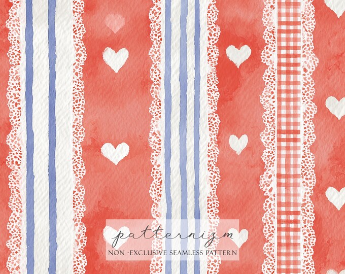 Valentine Hearts Stripe Seamless Pattern Digital Download – Watercolor Lace Borders & Gingham, Romantic Love Repeat for Fabric Crafts
