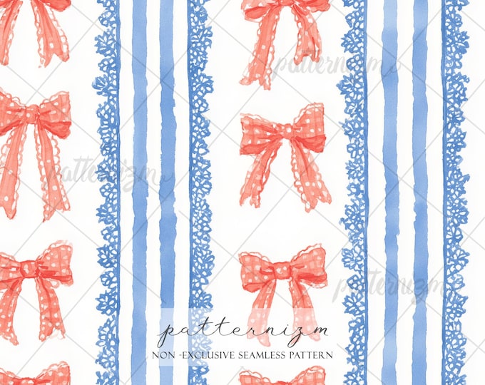 Seamless Patriotic Bow Pattern Digital Download – Americana Ribbon & Lace Stripe Design, Coquette 4th of July Fabric Print