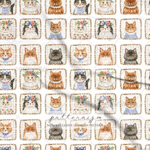 May include: A seamless fabric pattern featuring a grid of square frames, each containing a watercolour illustration of a cat. The cats are depicted in various colours and styles, some wearing floral crowns or collars, with the text patternizm NON EXCLUSIVE SEAMLESS PATTERN.