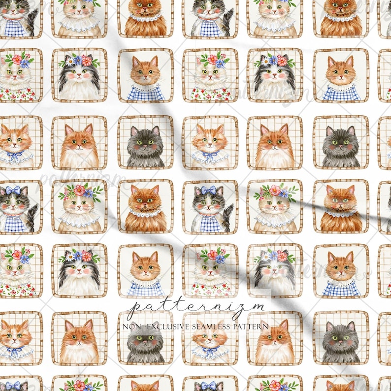 May include: A seamless fabric pattern featuring a grid of square frames, each containing a watercolour illustration of a cat. The cats are depicted in various colours and styles, some wearing floral crowns or collars, with the text patternizm NON EXCLUSIVE SEAMLESS PATTERN.