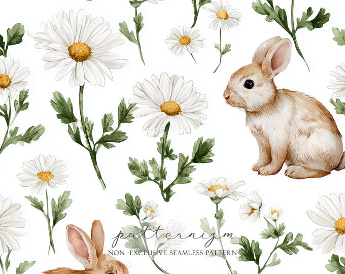 Watercolor Bunny and Daisy Pattern Digital Paper – Cute Rabbit with Flowers, Spring Nursery Seamless Design