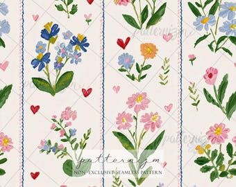 Pastelowy kwiatowy wzór w paski, bezszwowy – urocze kwiaty ogrodowe w rzędach, cyfrowy papier do pokoju dziecięcego, artykułów papierniczych i rękodzieła
