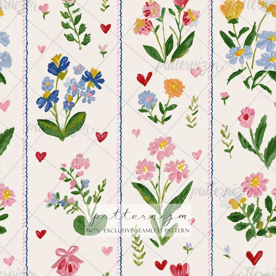 Pastel Floral Stripe Seamless Pattern – Cute Garden Flowers in Rows Digital Paper for Nursery, Stationery & Crafts