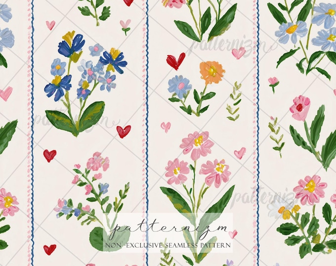 Pastel Floral Stripe Seamless Pattern – Cute Garden Flowers in Rows Digital Paper for Nursery, Stationery & Crafts