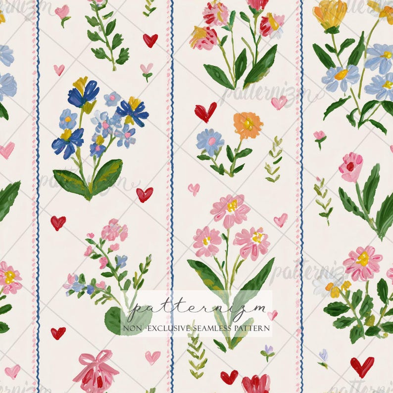 Pastel Floral Stripe Seamless Pattern – Cute Garden Flowers in Rows Digital Paper for Nursery, Stationery & Crafts image 1