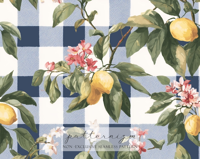 Seamless Lemon Plaid Pattern Digital Download – Vintage Citrus on Blue Gingham, Mediterranean Kitchen Fabric, Summer Botanical Art