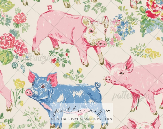 Pig Seamless Pattern, Farm Animal Print, Cute Pig Design, Country Farm Fabric, Rustic Farmhouse Repeat, Cottagecore Pattern