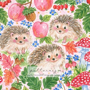 May include: A seamless pattern featuring watercolor illustrations of hedgehogs, red apples, acorns, red mushrooms, and blue flowers on a light pink background. The text "patternizm NON-EXCLUSIVE SEAMLESS PATTERN" is centered in a white box.