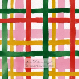 May include: Watercolor plaid pattern in red, green, yellow, and pink on a white background. The design features intersecting brushstrokes, creating a grid-like effect. The text "patternizm" and "NON-EXCLUSIVE SEAMLESS PATTERN" is visible.