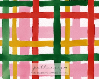 Watercolor Plaid Seamless Pattern – Painted Bold Grid Design in Red, Green, Pink & Yellow for Fabric, Paper, Print Projects