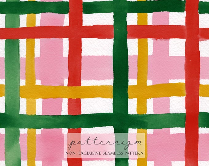 Watercolor Plaid Seamless Pattern – Painted Bold Grid Design in Red, Green, Pink & Yellow for Fabric, Paper, Print Projects