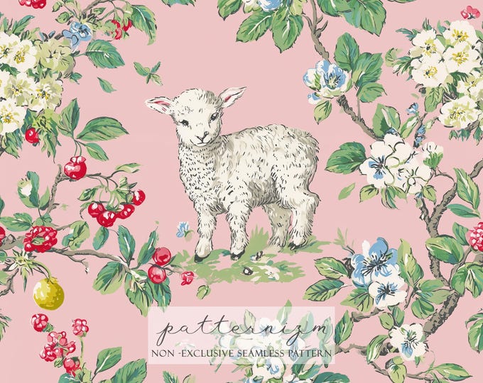 Sweet Lamb Seamless Pattern – Spring Flowers & Berries, Easter Farm Animal Repeat Design for Baby Fabric and Crafts