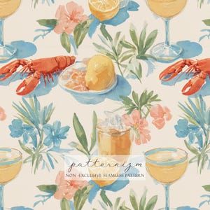 Puede incluir: Patrón de acuarela con temática veraniega con cócteles, langosta, limones y flores. El diseño incluye elementos naranjas, azules y verdes, con el texto "patternizm NON-EXCLUSIVE SEAMLESS PATTERN".