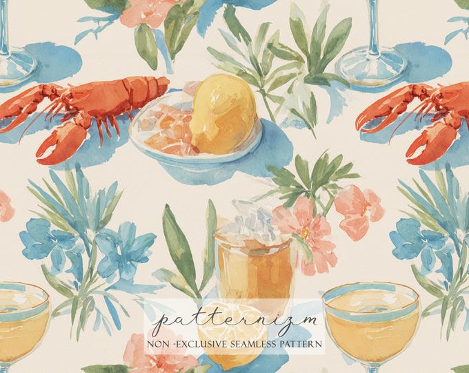 Coastal Watercolor Seamless Pattern – Citrus Drinks, Amalfi Lobsters and Tropical Florals, Beach Party Digital Paper for Fabric