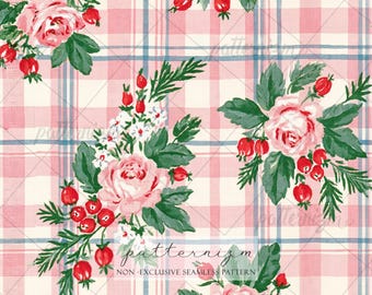 Christmas Floral Plaid Seamless Pattern Digital Download, Pink Roses Red Berries Vintage Holiday Tartan Design